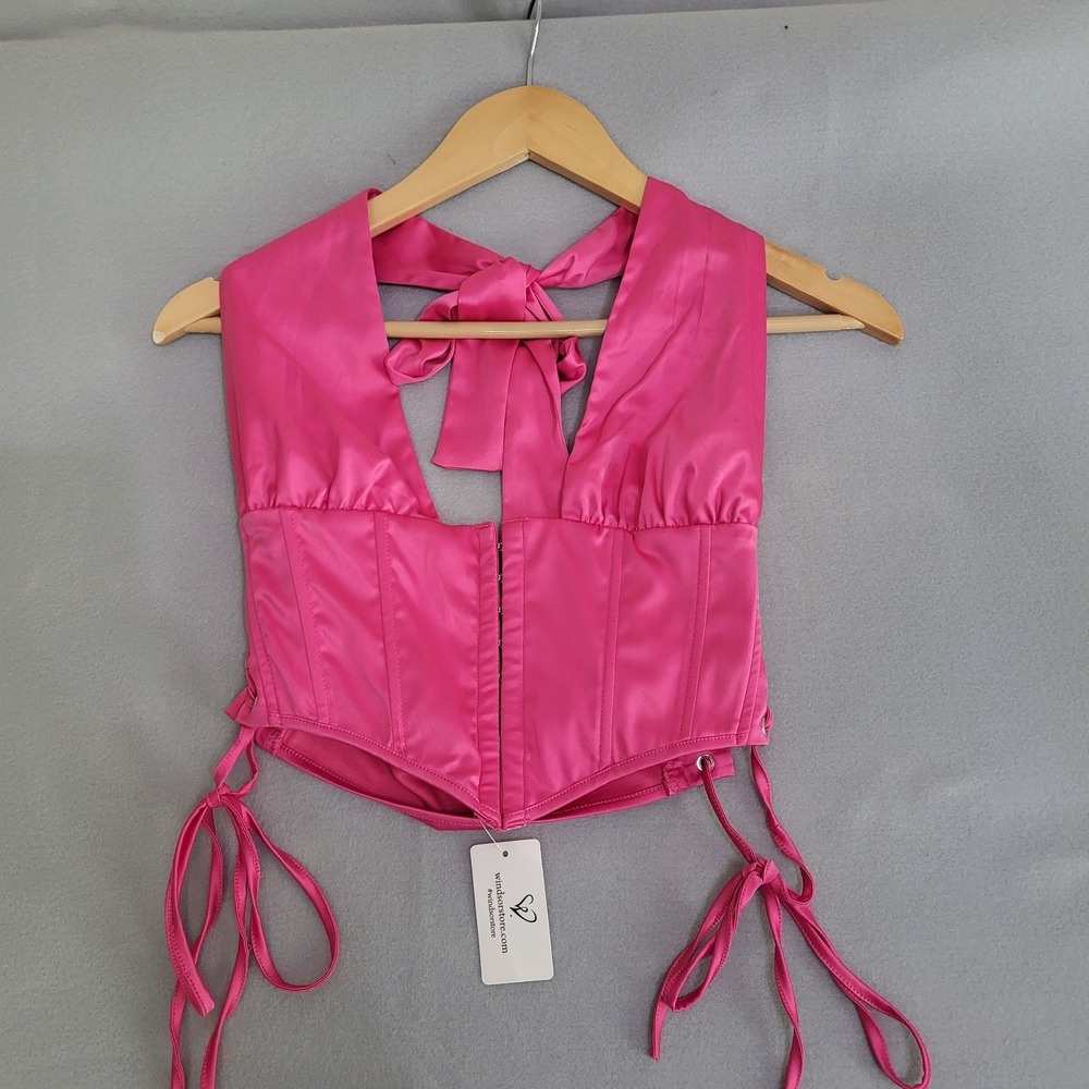 NWT Windsor Hot Pink Satin Corset Halter Top Bustier Women's S Lace Up